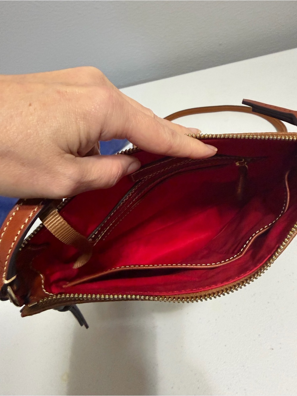 Dooney & Bourke Brown Pebble Leather Messenger Bag with Tan Accents - Picture 4 of 7